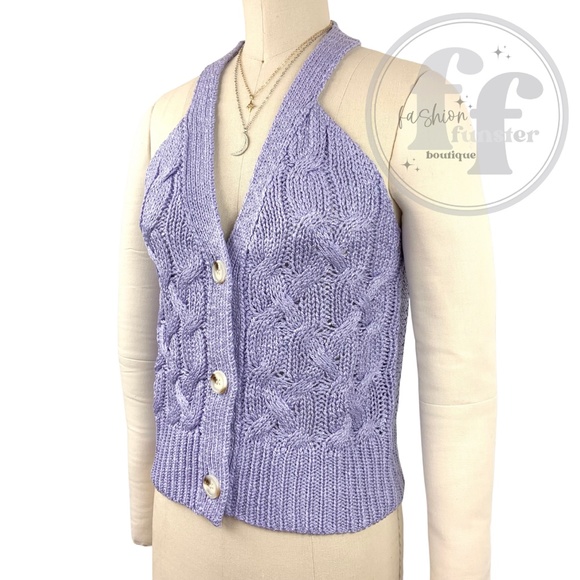 Day + Moon Chic Lavender Pastel Purple Cable Knit Sweater Vest Cardigan Tank Top - Picture 10 of 11